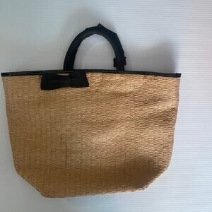 Bath & Body Works Large Straw Picnic Tote Beach Pool Bag Tan & Black Bow Accent